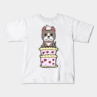 Grey dog Jumping out of a cake Kids T-Shirt